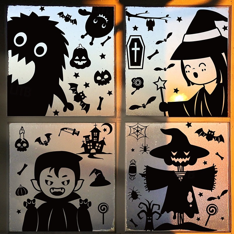 6 listů halloweenských samolepek na okna, dekorace s oboustrannými obtisky, dýňová kostra, statické samolepky na sklo, výlohy a halloweenské párty potřeby. 2025 - $6.99 –P3