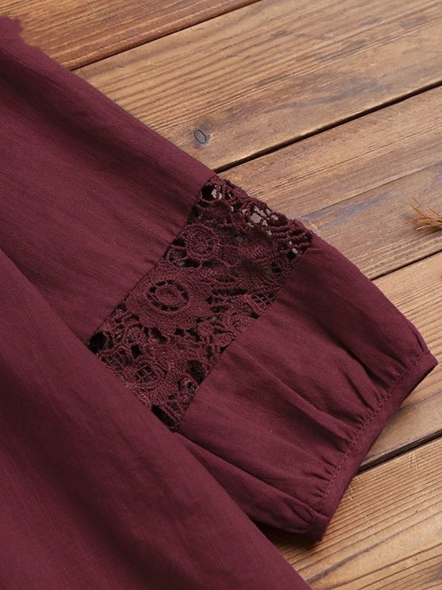 Femmes Chemises en coton et lin Couleur Unie Élégant Occasionnel Manche 3/4 Col en V Hauts Réguliers Quotidien Dentelle Patchwork Noir Blanche Vin bleu marine Été Printemps de 2025 ? $19.99 –P9