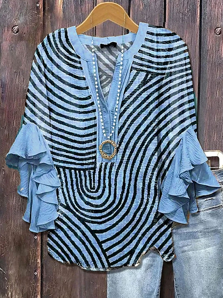 Dame Bluse Grafisk Stripet Daglig Stilfull Fritid 3/4 ermer V-hals Vanlige topper Daglig Ferie Ferieklær Trykt mønster Blå Lilla Grønn Kakifarget Sommer Vår 2025 - $29.99 –P4