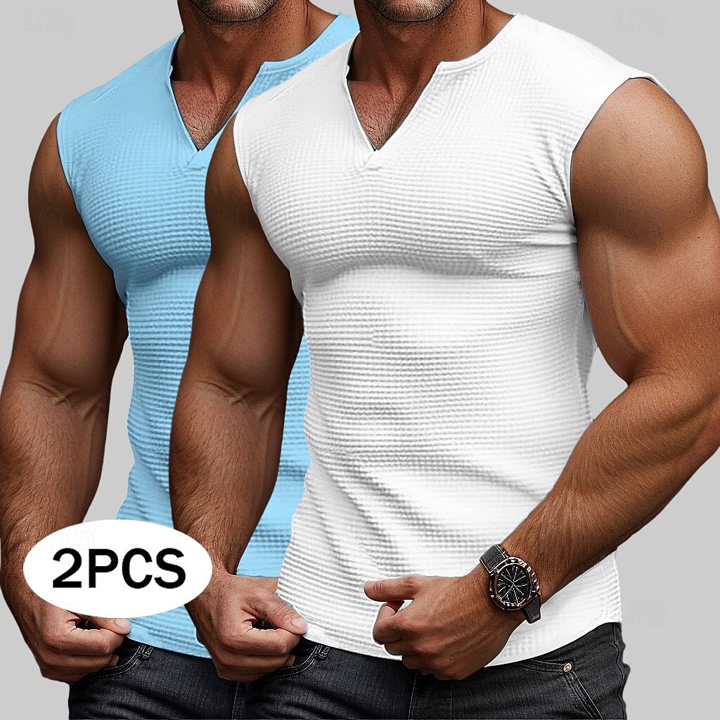 Voor heren Wafel Tanktop Singlet Hesje Onderhemd Mouwloos V-hals Zomer Effen Modieus Sportief Klassiek 2-stuks Standaard Straat Casual Sport Geel + blauw White + White Grey+Wit Top T-shirt voor mannen 2025 - $26.99 –P1