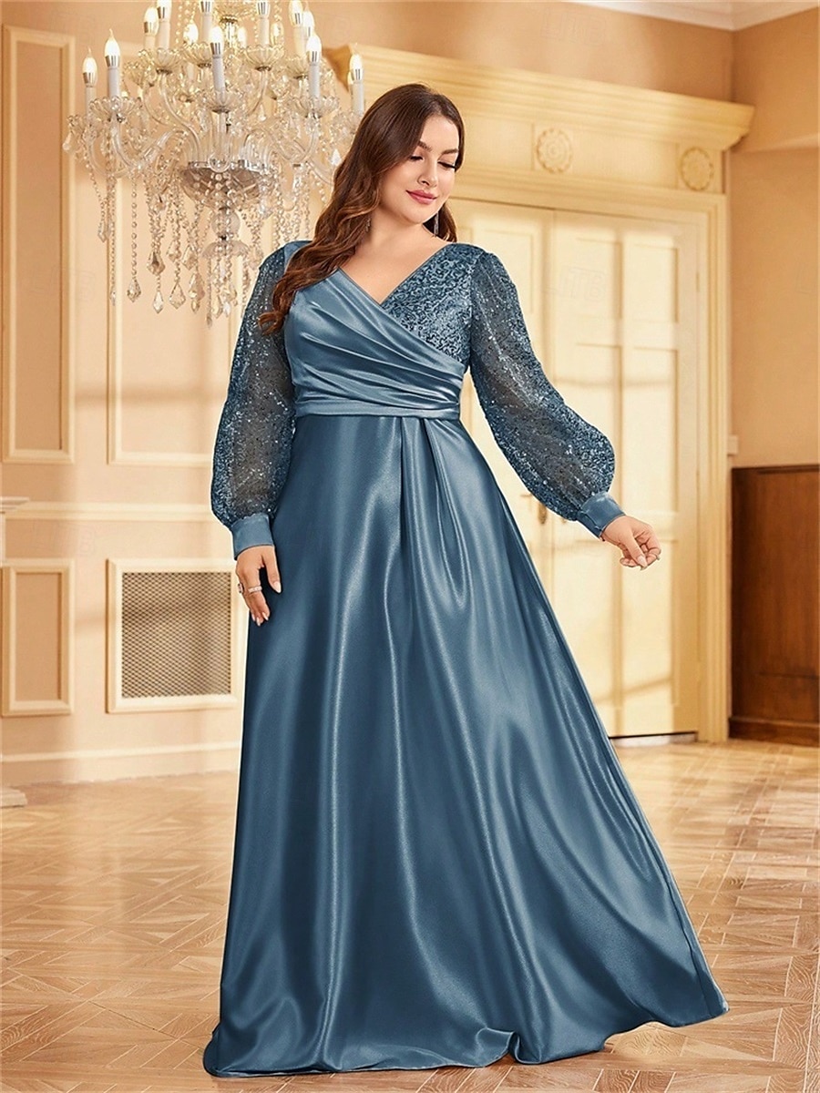 Robe A-Line Grande Taille Élégante Robe Courbe De Mariage Formelle Longue Au Sol Manches Longues Col en V En Polyester Avec Plis 2025 de 2025 ? $119.99 –P30