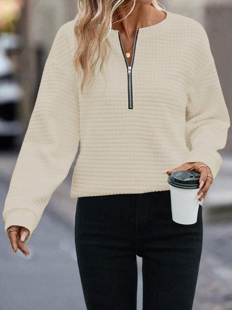 Femmes Chemisier Couleur Unie Élégant Occasionnel manche longue Col ras du cou Hauts Réguliers Quotidien Fermeture éclair Noir Blanche Bleu Fuchsia Abricot Printemps Automne de 2025 ? $25.99 –P3