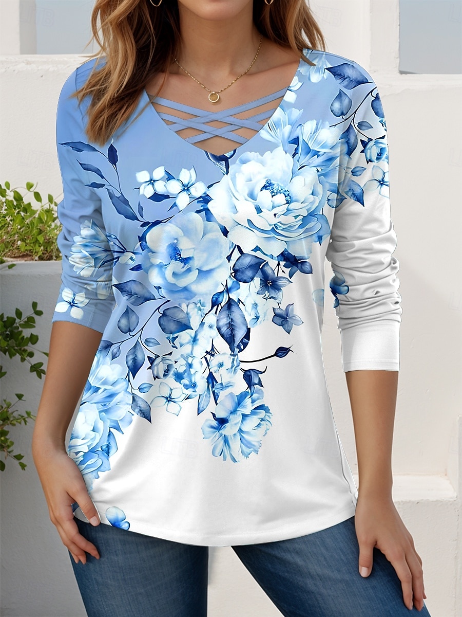 Femmes T-shirt Fleuri Graphique ancien Élégant Moderne manche longue Col en V Hauts Réguliers Quotidien Découpé Imprimé Rouge Bleu Bleu Ciel Violet Printemps Automne de 2025 ? $23.99 –P3