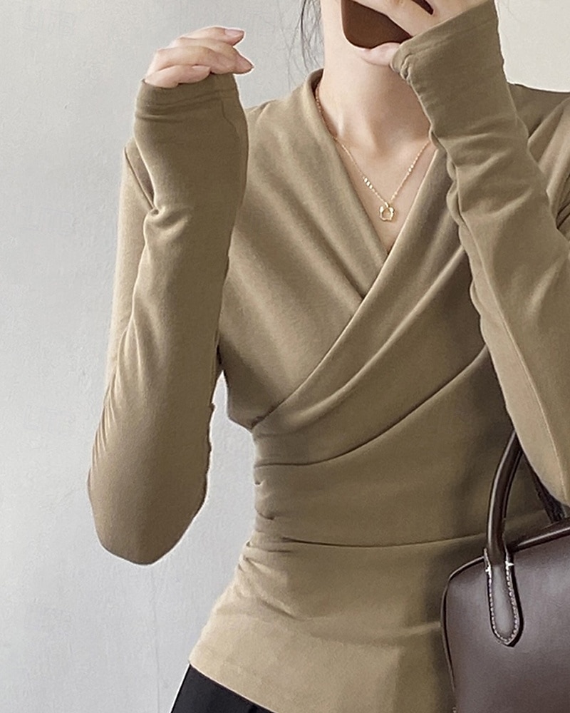 Femmes Chemisier Uni Moderne Occasionnel manche longue Col en V Hauts Réguliers Quotidien Fête Froncé Noir Blanche Marron clair Automne de 2025 ? $22.99 –P7