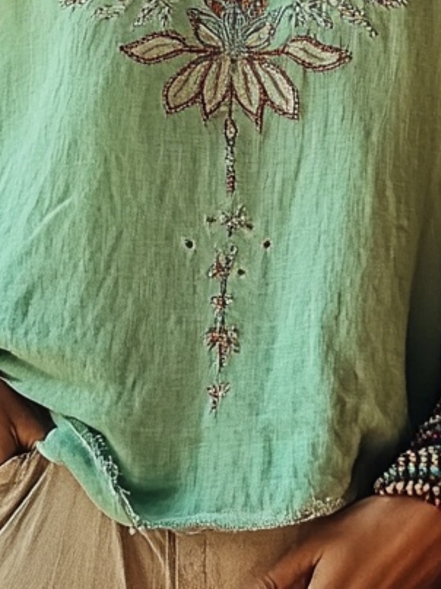 camicetta da donna in stile western, stile boho, con fiori, moderna, casual, a maniche lunghe, scollo a V, normale, per tutti i giorni, per le vacanze, per uscire, stampa verde, estate, autunno. del 2025 a $21.99 –P3