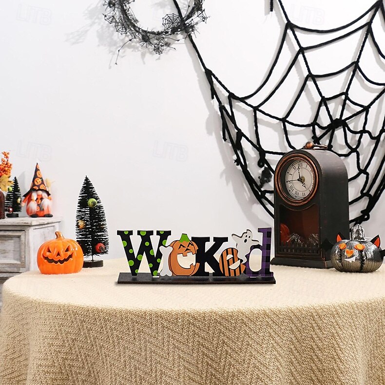 dekoracja na halloween z drewnianym środkiem, upiorny drewniany stojak na litery do ekspozycji na stole halloweenowym, dekoracja na imprezę w nawiedzonym domu DIY 2025 - $8.99 –P10