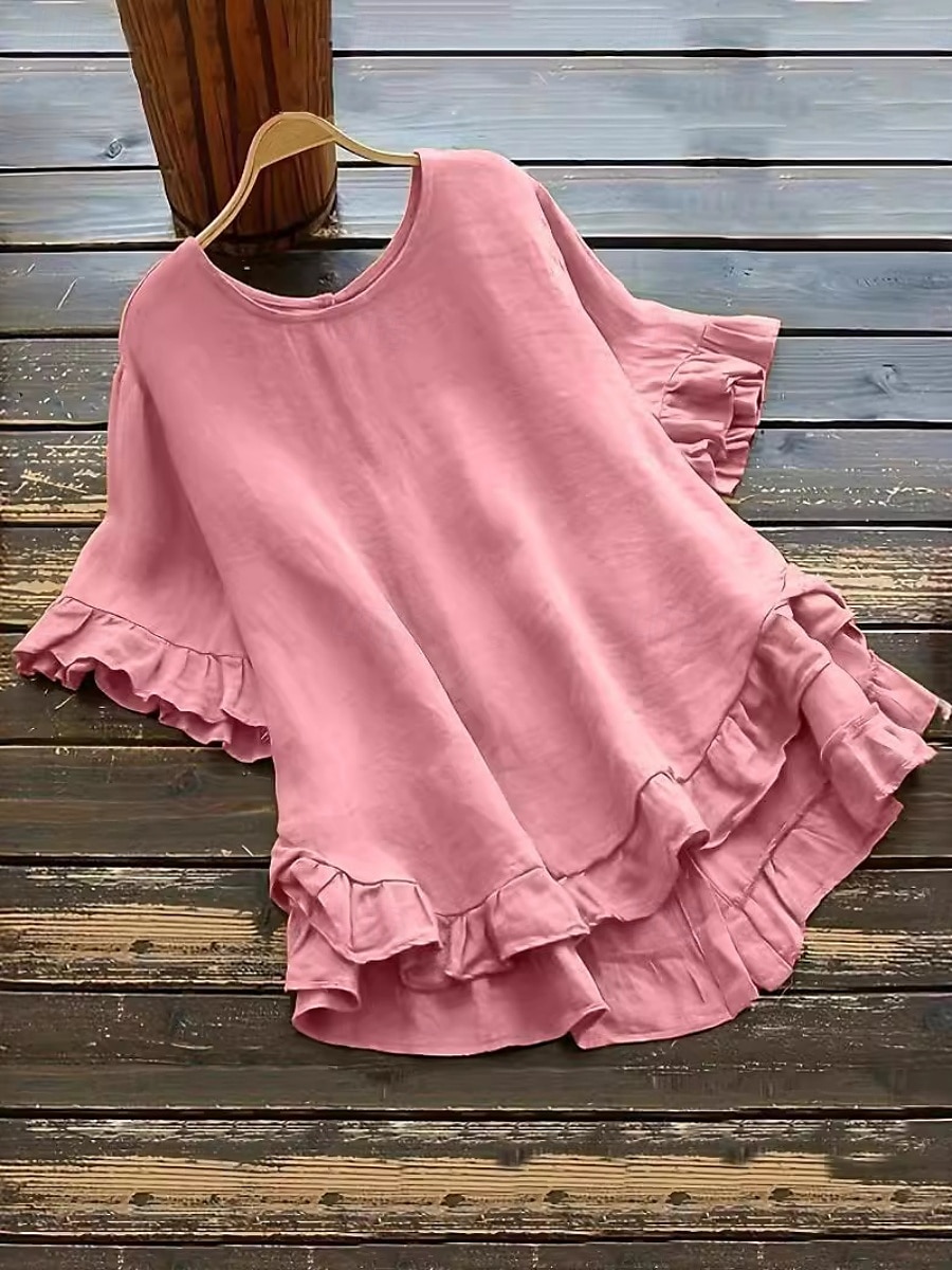 Damen Baumwoll-Leinen-Hemden Einfarbig Basic Lässig Kurzarm Rundhalsausschnitt Normale Oberteile Täglich Rüsche Knöpfe Weiß Gelb Rosa Wein Grau Sommer Frühling 2025 - $19.99 –P3