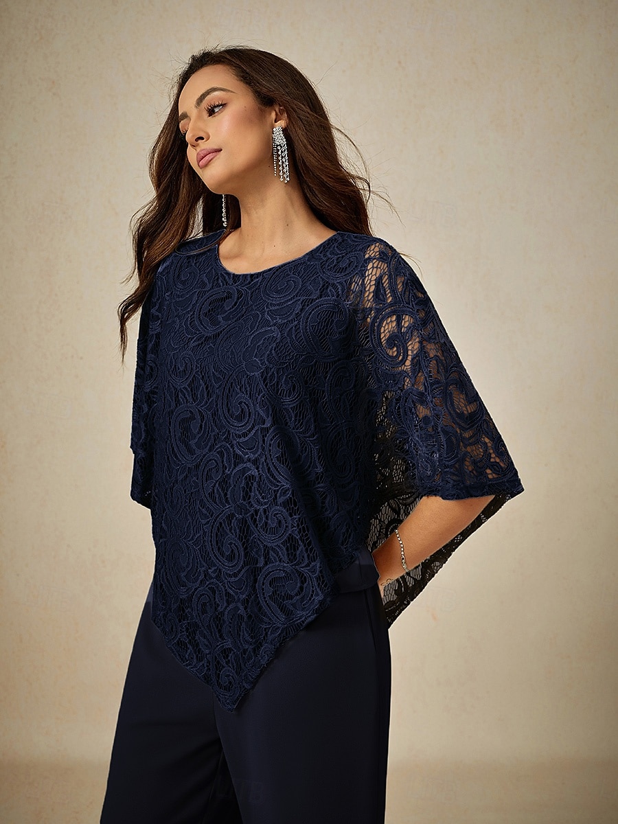 Dame Bluse Dressy topper عادي Elegant Halvlange ermer Crew-hals Vanlige topper Bryllupsgjest Daglig Blonde Lapper Multi Layer Navyblå Sommer Vår 2025 - $49.99 –P1