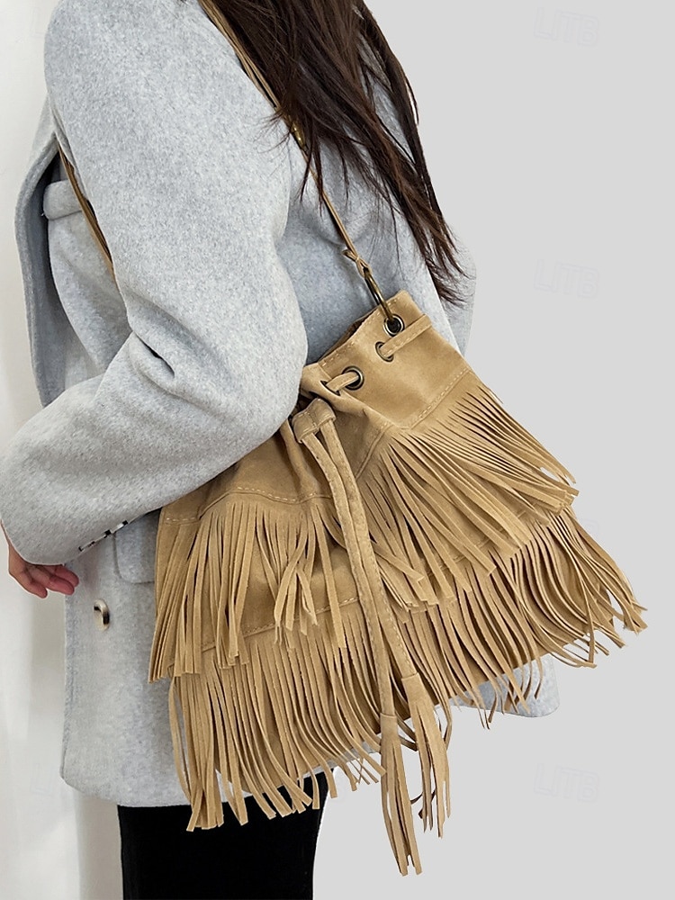 damska torebka typu wiaderko ze sztucznego zamszu z frędzlami – boho torebka typu crossbody ze ściągaczem na niezobowiązujące wyjścia, festiwale i codzienne noszenie 2025 - $18.99 –P3
