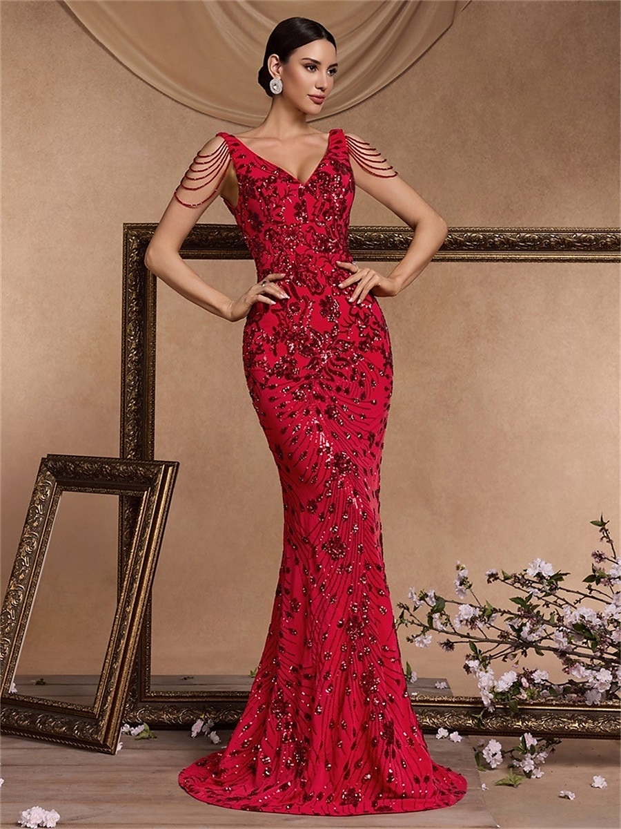 Vestidos de quinceañera de sirena/trumpet vestido elegante boda invitada de boda larga sin mangas con cuello de pico poliéster sin espalda con lentejuelas 2025 - $109.99 –P6