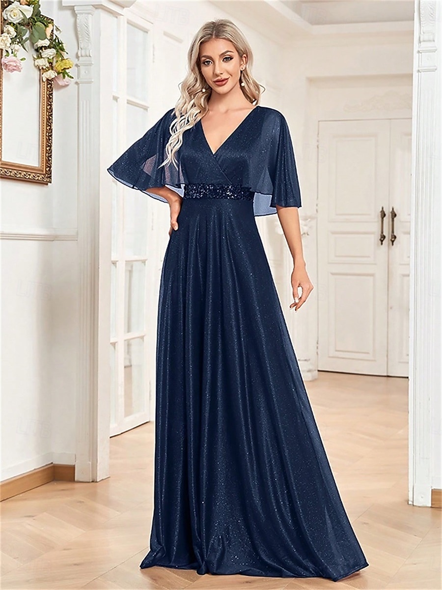 Robe de quinceanera A-Line élégante robe formelle de mariage longueur sol manches courtes col en V en satin avec plis de 2025 ? $99.99 –P5
