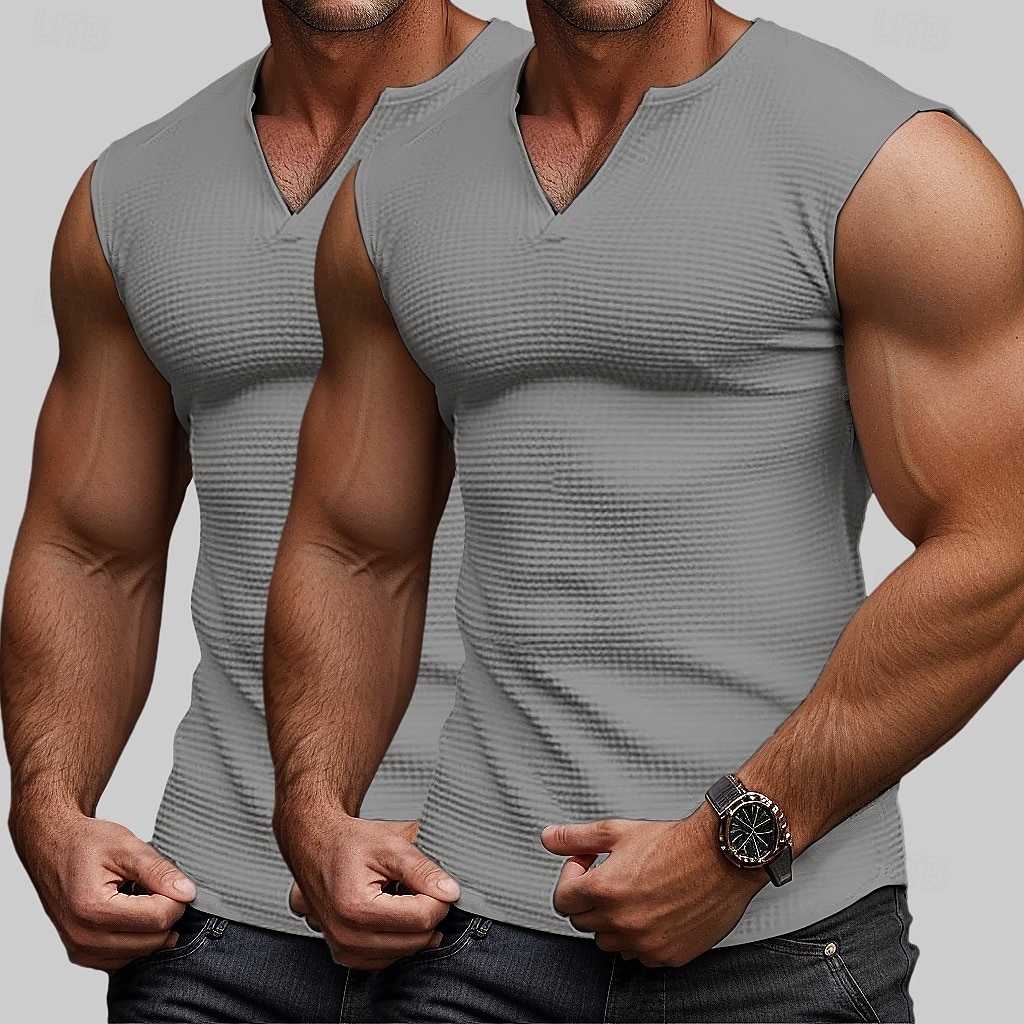 Voor heren Wafel Tanktop Singlet Hesje Onderhemd Mouwloos V-hals Zomer Effen Modieus Sportief Klassiek 2-stuks Standaard Straat Casual Sport Geel + blauw White + White Grey+Wit Top T-shirt voor mannen 2025 - $26.99 –P9