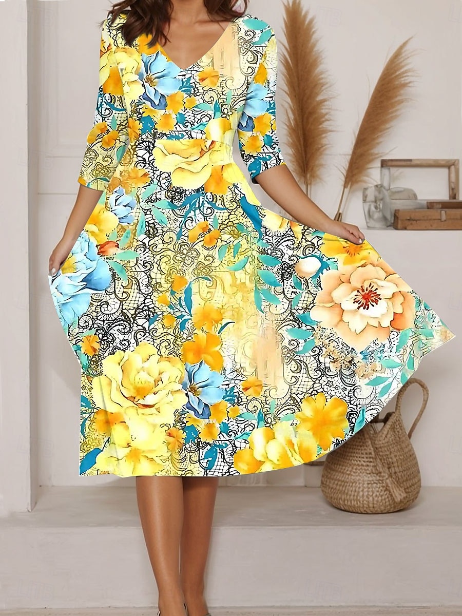 Femmes Robe Midi Robe trapèze Vacances Occasionnel Sortir Coupe régulière Fleuri Graphique manche longue Col en V Jaune Rouge Vert Beige Été de 2025 ? $36.99 –P4