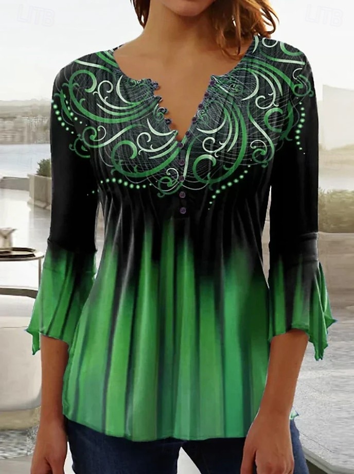 Kvinnors Blus V-hals Ombre Floral Graphic Elegant 3/4 Längd Ärm Vanliga Topp Daglig Ute Knappar Gräsgrön Svart och grå Blå Lila Grön Sommar Vår Höst 2025 - $27.99 –P4