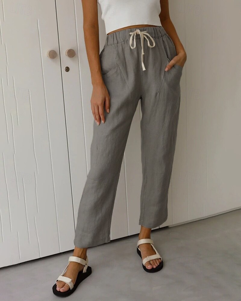 Women's Cotton Linen Pants Slacks Streetwear Casual Full Length Natural Plain Pocket Elastic Drawstring Design Comfy Outdoor Comfortable Holiday Daily Wear Going out Rust Light Sky Blue Grey Black 2025 - $27.99 –P4