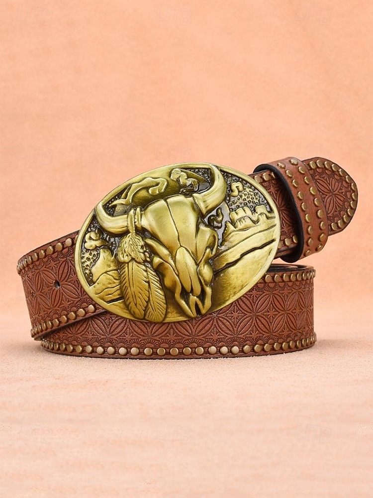 męski pasek ze sztucznej skóry w stylu western z brązową klamrą w kształcie czaszki byka, idealny do codziennych i kowbojskich strojów 2026 - $19.99 –P3