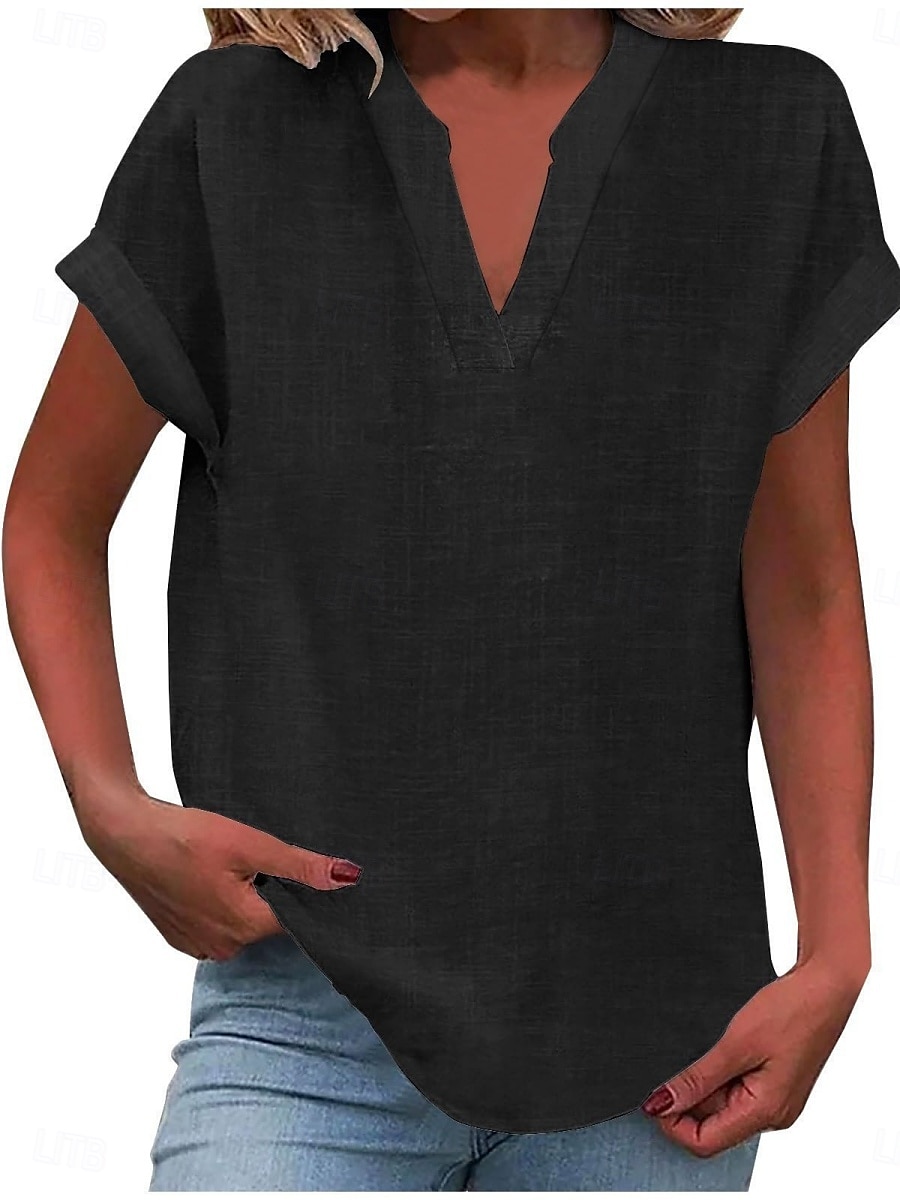 Women's Shirt Solid Color Stylish Casual Short Sleeve V Neck Regular Tops Daily Black White Blue Apricot Summer Spring 2025 - $9.99 –P3