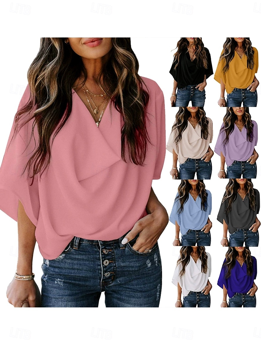 Femmes Hauts d'été Couleur Unie Uni Quotidien Élégant Occasionnel Demi Manches Col en V Hauts Réguliers Travail Quotidien Fête Froncé Drapé Noir Blanche Rose Claire Bleu Violet Été Printemps Automne de 2025 ? $19.99 –P1