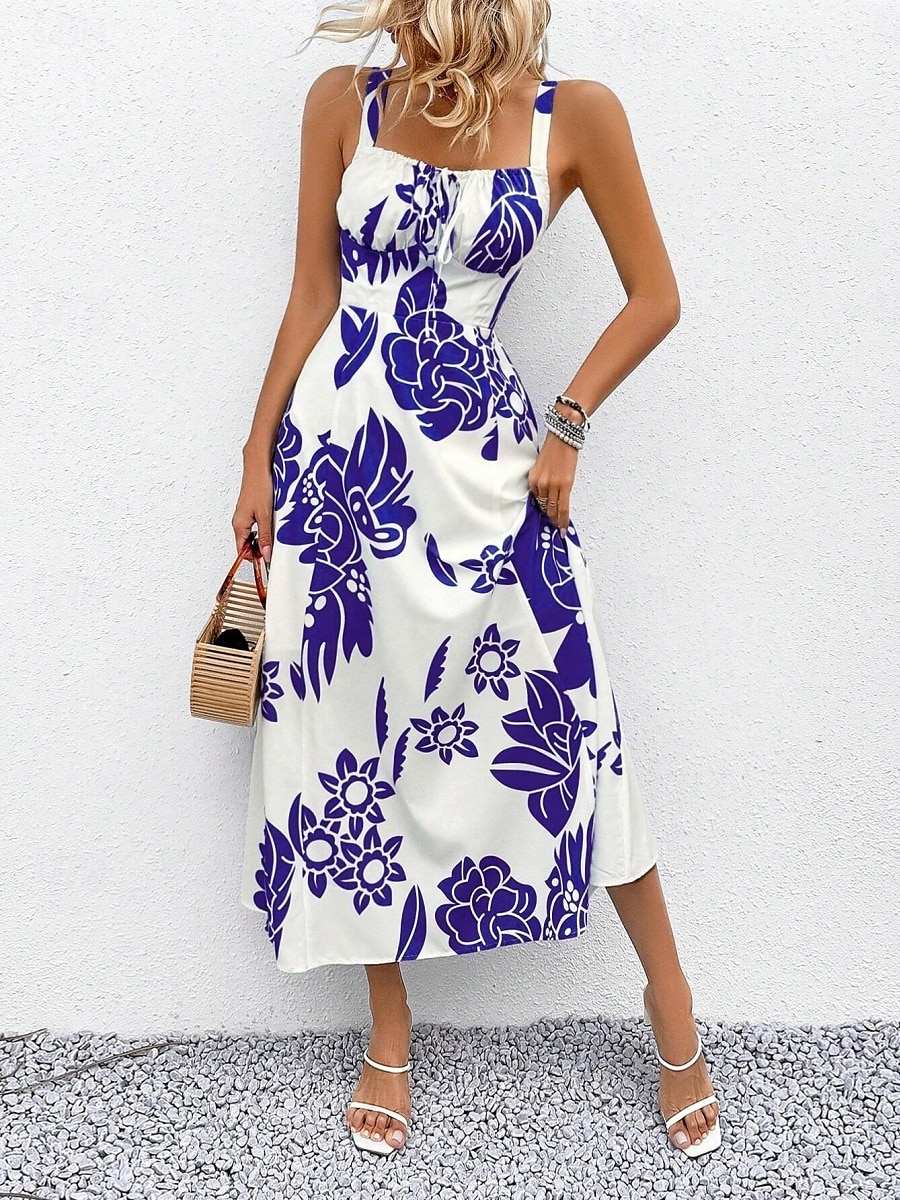 Női Maxiruha A vonalú ruha Slip ruha Szabadság Alkalmi Boho Szabadtéri Alkalmi Normál Virágos Ujjatlan Spagettipánt Sötétkék Medence Lóhere Nyár Tavasz 2025 - $34.99 –P20