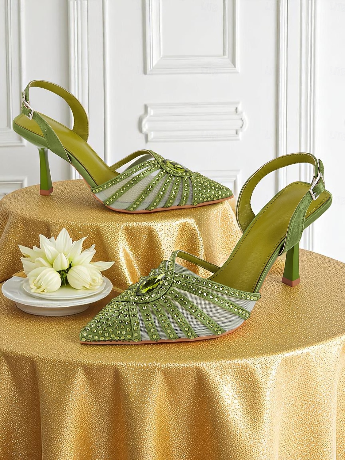 Escarpins à talons hauts en strass verts inspirés de Gatsby des années 1920 pour femmes – Chaussures de soirée à bride arrière en maille Art déco pour cocktails ou événements rétro de 2025 ? $79.99 –P3