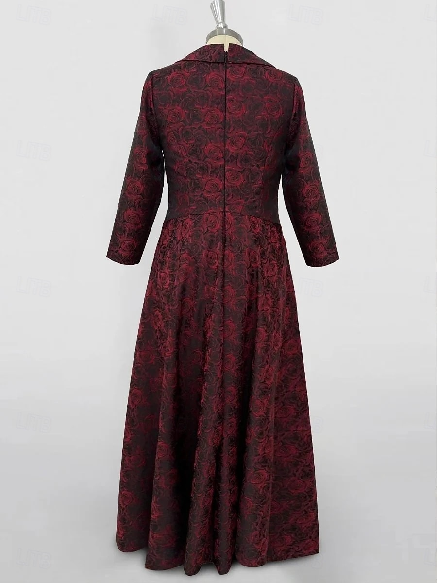 Red Jacquard Gown A-Line Evening Elegant Dress Formal Wedding Floor Length Long Sleeve Shirt Collar Pocket Nylon with Bow(s) Slit Pocket 2025 - $147.99 –P3