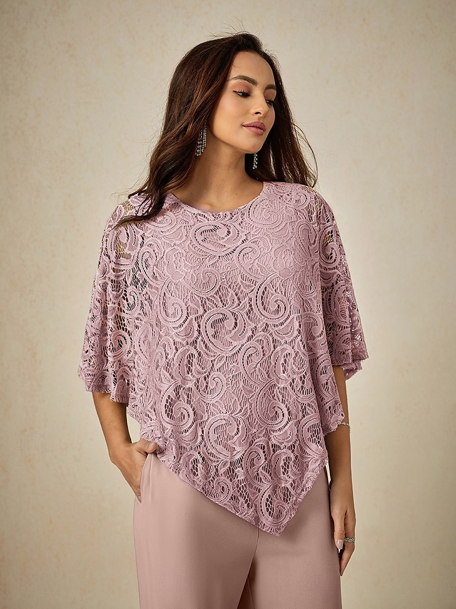 Жен. Блуза Нарядные Топы Полотняное плетение Элегантный стиль Рукав до локтя Вырез под горло Обычные топы Свадебный гость Повседневные Кружева Пэчворк Многослойный Румяно-розовый Лето Весна 2025 - $49.99 –P3