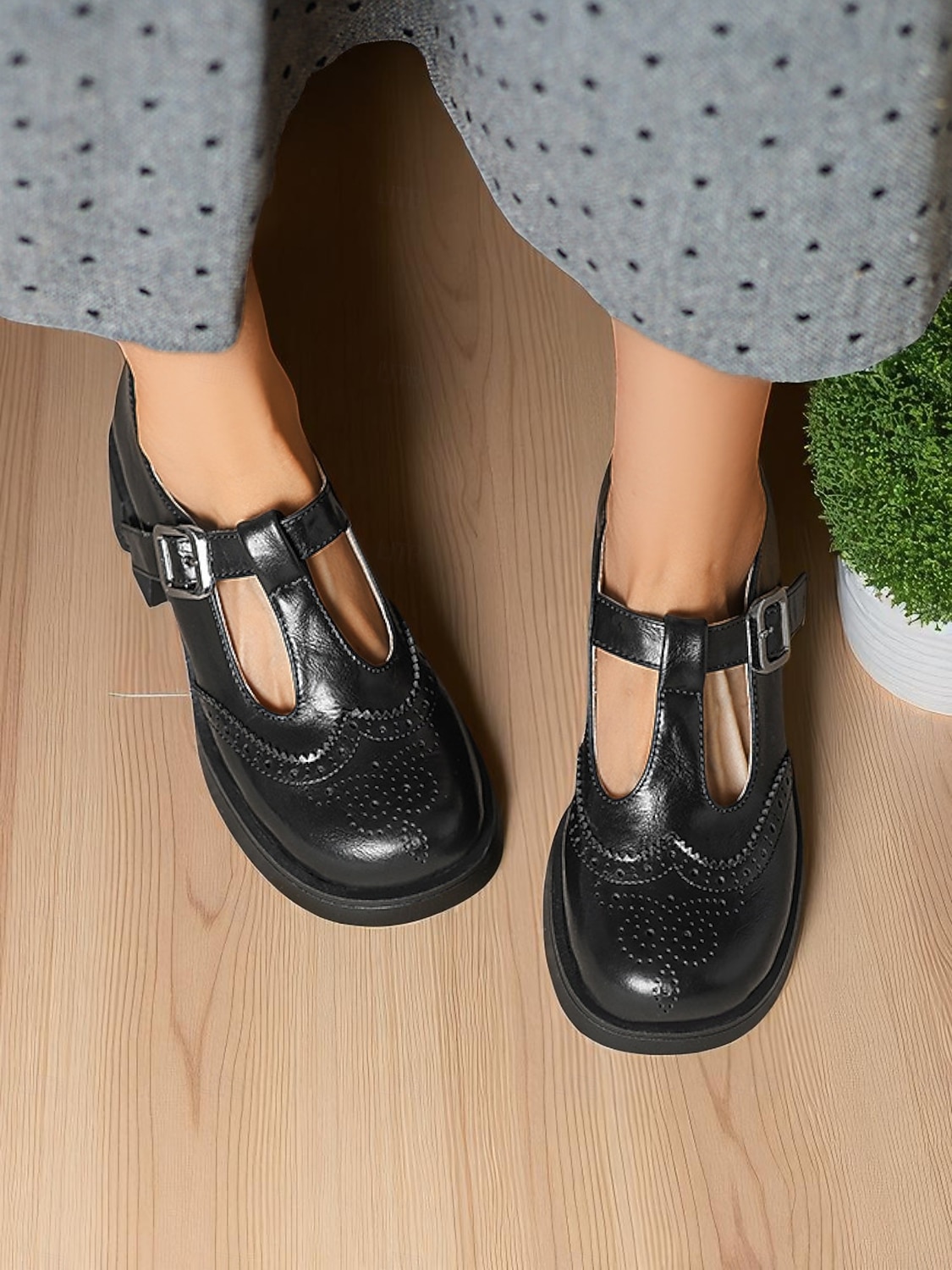 Zapatos Mary Jane negros con tiras en T para mujer inspirados en los años 50: tacones de cuero brogue vintage con hebilla y suela gruesa para uso diario y cosplay. &trajes góticos 2026 - $59.99 –P4