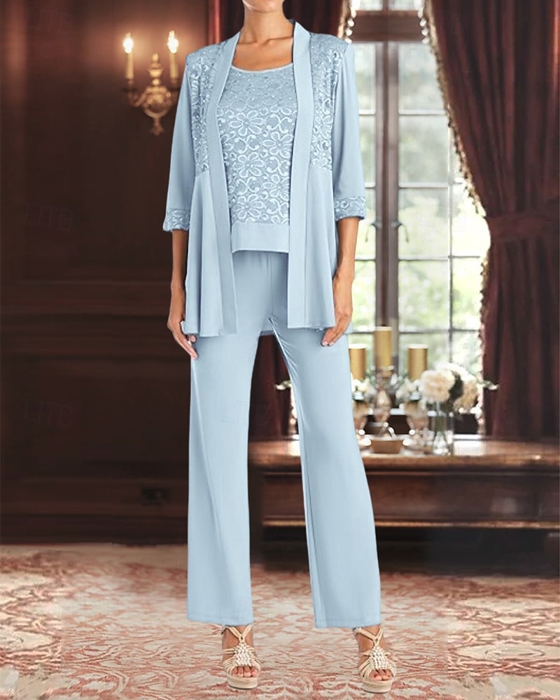 Overall / Hosenanzug Dreiteilig Hosenanzug Brautmutterkleid Elegant Vintage Einfach U-Boot-Ausschnitt Knöchellänge Stretch Chiffon Halbarm mit Spitze Paillette Stickerei 2025 2025 - $129.99 –P1