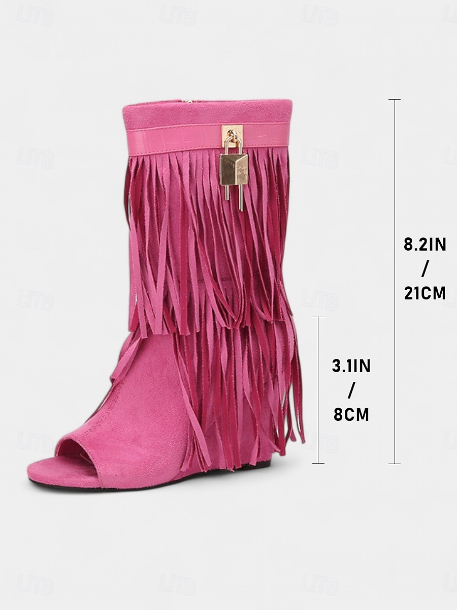 Botas de cuña con punta abierta de ante con flecos para mujer, con cremallera y detalle de candado: estilo bohemio para festivales, conciertos de música y eventos al aire libre. 2025 - $46.99 –P5