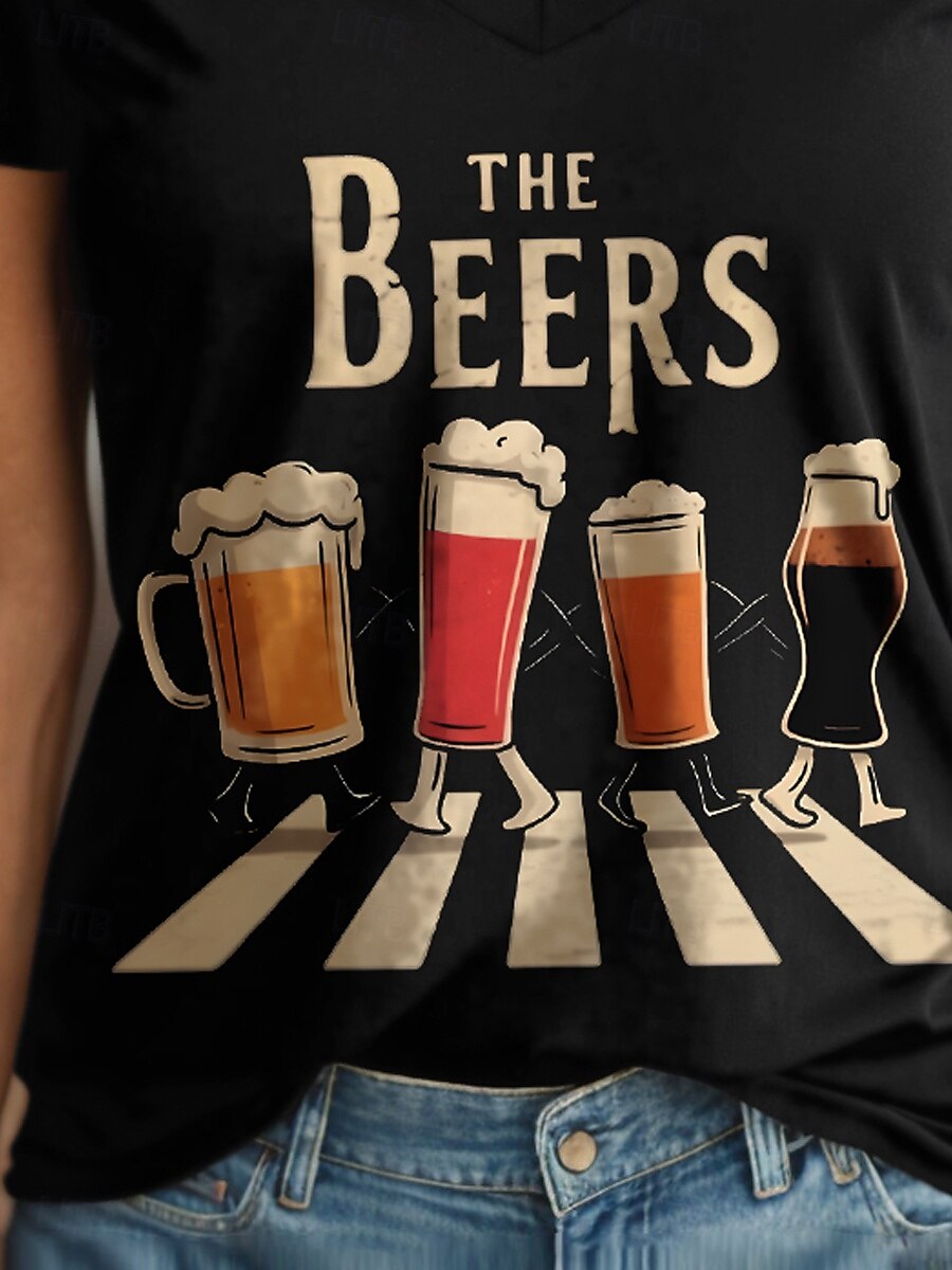 Oktoberfest Dame T skjorte Grafisk Bokstaver Årgang Stilfull Klassisk Kortermet V-hals Vanlige topper Daglig Trykt mønster Svart Hvit Rød Blå Lilla Sommer Vår 2025 - $19.99 –P3