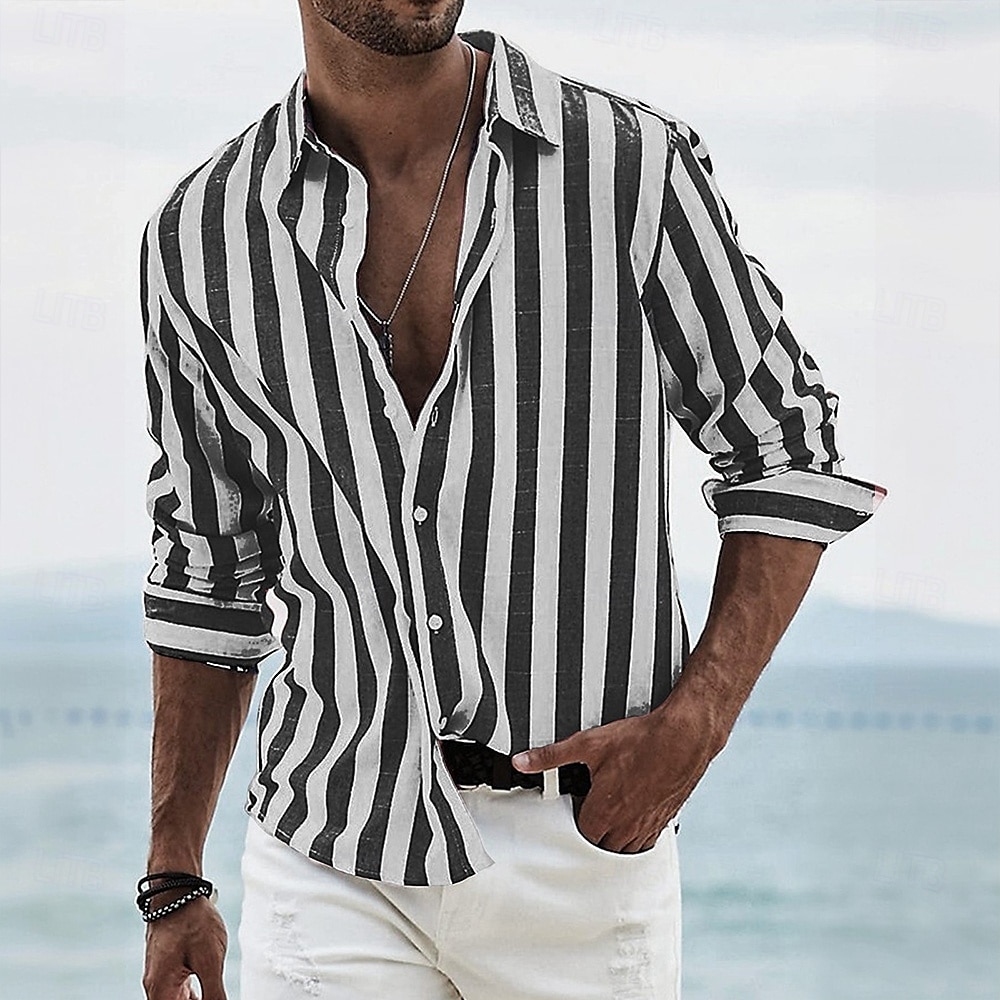 Voor heren Geometrisch Gestreept Overhemd Overhemd met knopen Lange mouw Mode-casual Dagelijks gebruik Causaal Strand Kleding Zomer Lente Strijkijzer 3D-afdrukken Linnenachtig shirt Zwart Blozend 2025 - $25.99 –P3