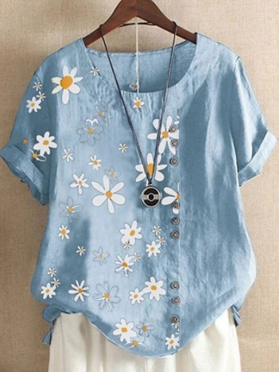 Vrouwen Linnenachtige Faux Katoen Linnen Shirts Geborduurde Bloemen Basis Casual Korte Mouw Crew Neck Reguliere Tops Dagelijkse Marineblauw Groen Lichtblauw Zomer Lente 2026 - $21.99 –P1