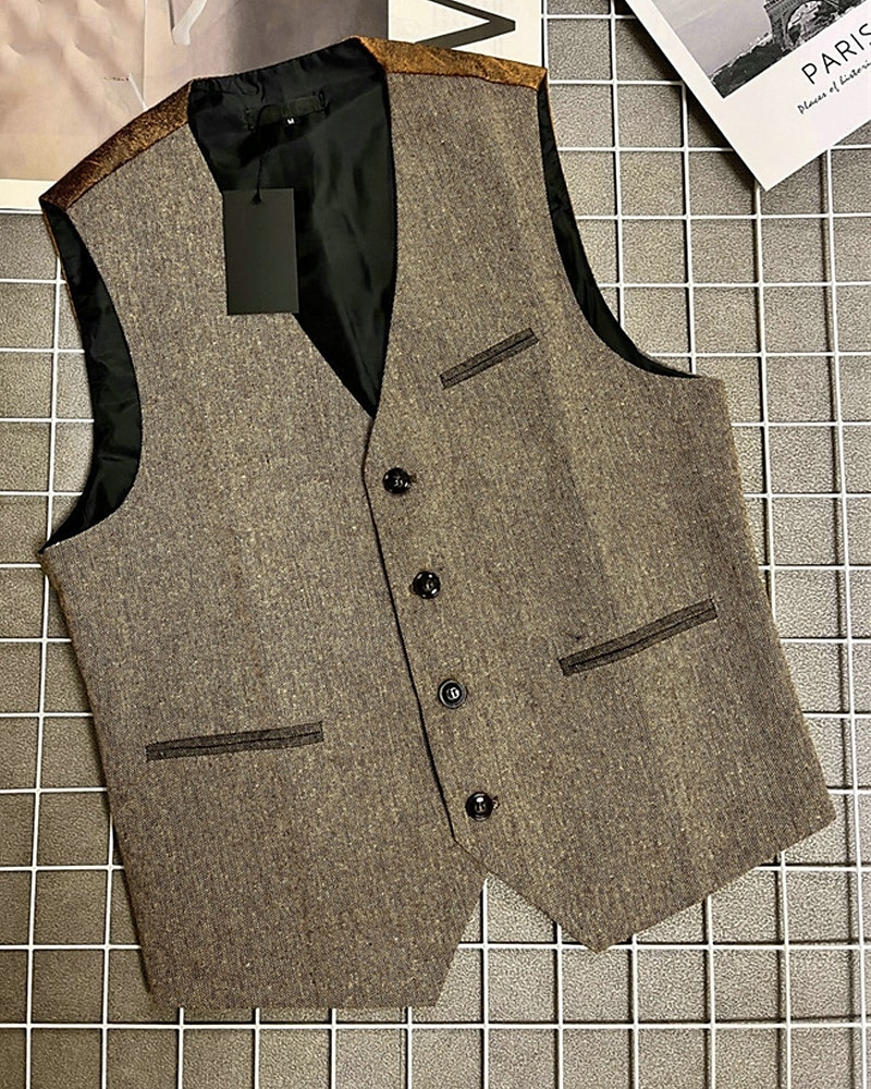 Herren Weste Gilet Urlaub Party Geschäft Mode Lässig Sommer Frühling Tasche Knöpfe Polyester Bequem Farbblock Einreihig Ein-Knopf V Ausschnitt Normale Passform Kaffee Weste 2025 - $31.99 –P1