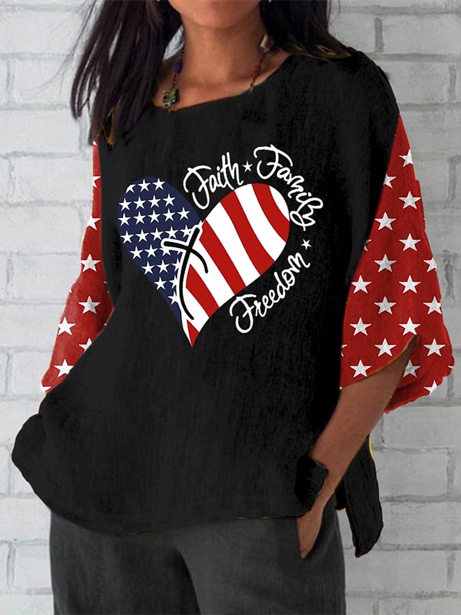 Bluzka damska na Dzień Niepodległości patriotyczna podobna do lnu grafika flaga boho vintage tropikalna rękaw 3/4 okrągły dekolt regularne góry codzienna wakacyjna nadruk czarna czerwona szara lato 2026 - $32.99 –P1
