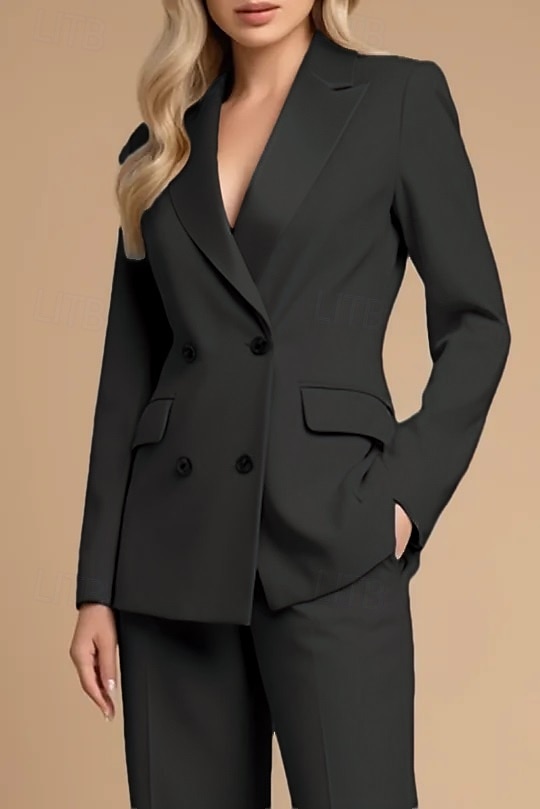 Blauer Zweiteiliger Hosenanzug Mutter der Braut Hochzeit Elegant Vintage Minimalistisch Revers Bodenlang Stretch-Stoff Langarm mit Knöpfen 2025 - $149.99 –P3