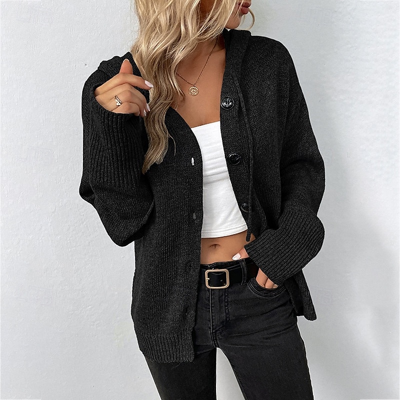 Damen Strickjacke Mode Weich Einfarbig Gerippt Mit Kapuze Knöpfe Gestrickt Langarm Normale Oberteile Stricken Ferien Ausgehen Wochenende Schwarz Weiß Herbst 2025 - $25.99 –P5