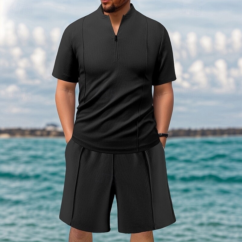 Men's Waffle Shirt T-shirt Suits 2 Pieces Outfits Tee & Shorts Short Sleeve Quarter Zip Summer Plain Fashion Casual 2 Piece Vacation Daily Wear Going out Black khaki Gray Top Tee for Men 2025 - $38.99 –P9