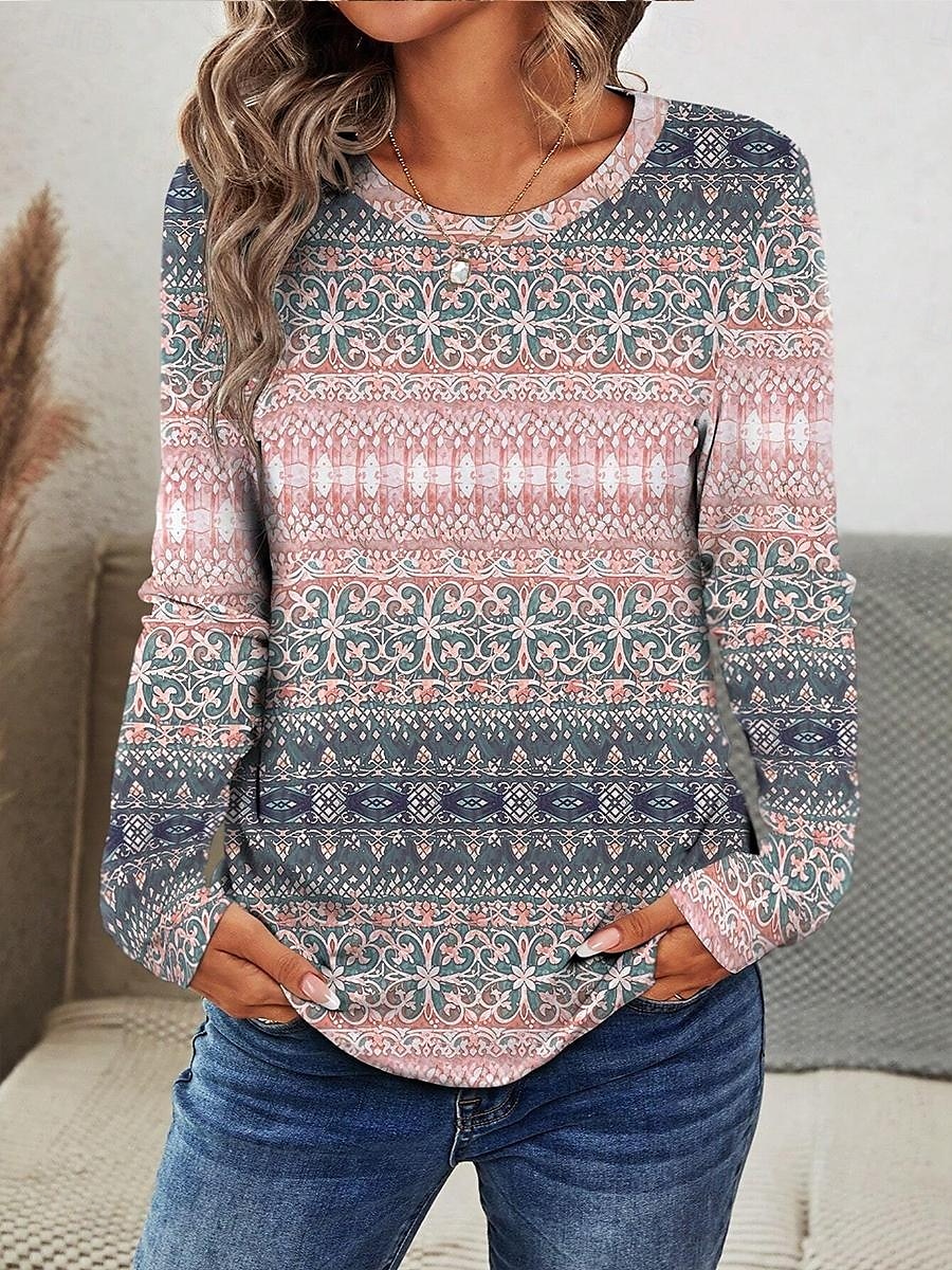 Dame T skjorte Grafisk Geometrisk Stilfull Fritid trendy Langermet Crew-hals Vanlige topper Daglig Helg Trykt mønster Rosa Blå Sommer Høst 2025 - $22.99 –P3