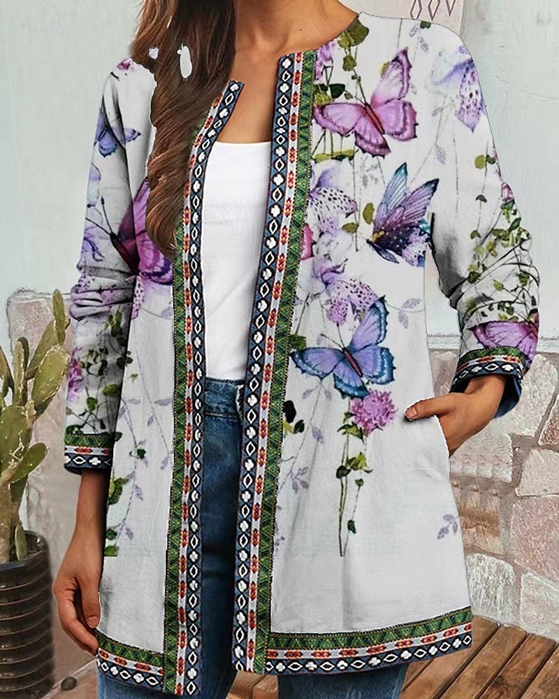Damen Freizeitjacke Warm Bequem Tasche Mode Modern Blumen Straße Ausgehen Regulär Kragenlos Normale Passform Langarm Oberbekleidung Rote Purpur Orange Herbst Winter 2025 - $25.99 –P1