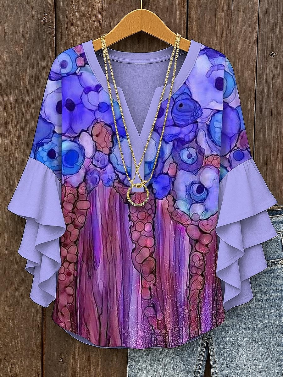 Damen Bluse Blumen Grafik Abstrakt Elegant Täglich Lässig Dreiviertelarm V Ausschnitt Normale Oberteile Täglich Ferien Druck Gelb Rosa Rote Blau Purpur Sommer Frühling Herbst 2025 - $29.99 –P4