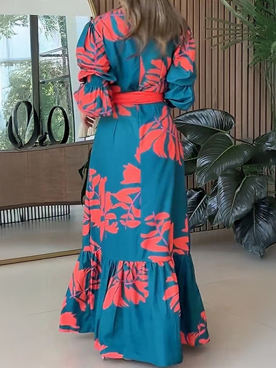 Pentru femei Rochie Maxi Rochie A line Casual În aer liber Ieșire Fit regulat Floral Grafic Manșon Lung În V Albastru piscină Vară Primăvară 2025 - $30.99 –P3