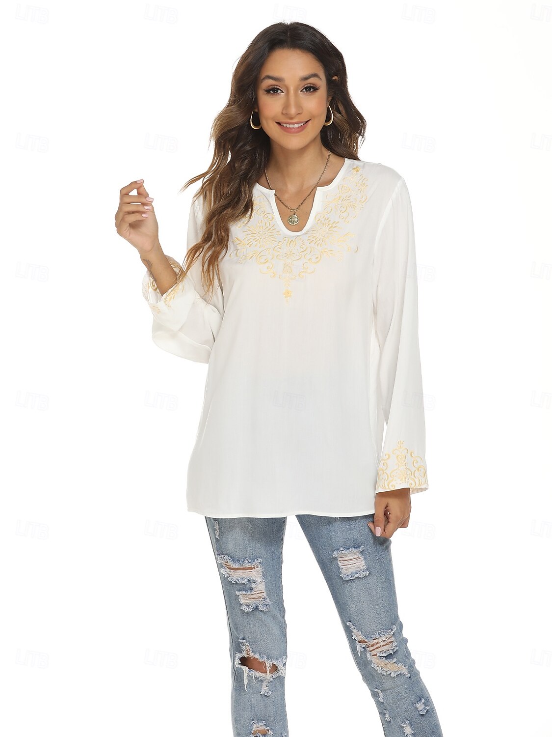 Damen Boho-Hemd Einfach Bohemien Lässig Langarm Glockenärmel U-Ausschnitt Normale Oberteile Arbeit Täglich Ausgehen Bestickt Weiß Sommer Frühling Herbst 2025 - $28.99 –P1