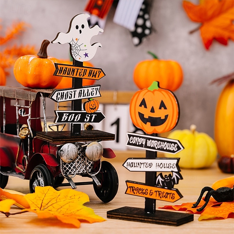 2025年 ハロウィーンの木製卓上装飾2個、木とゴーストが付いたカボチャの文字サイン、ハロウィーンパーティーのディスプレイ用の不気味なスタンディングデコレーション  コレクション – $9.99 –P10