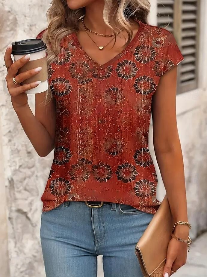 Dame Boho T-skjorte Bluse Grafisk Planter Elegant Årgang Stilfull Ermeløs Kortermet V-hals Vanlige topper Daglig Trykt mønster Rød Blå Grønn Sommer Vår 2025 - $17.99 –P1