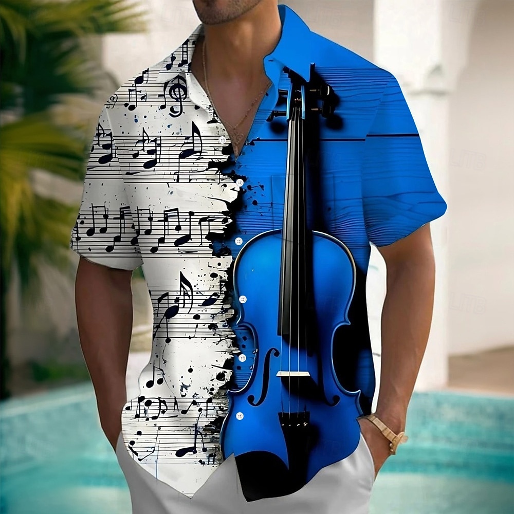 Herre Styreledere Gitar Musikknotater Skjorte Sommerskjorte Skjorte med knapper Kortermet Fashion Casual utendørs Feriereise Hverdag Sommer Vår Aftæpning 3D-utskrift krage skjorter Front One Lomme Blå 2026 - $25.99 –P1