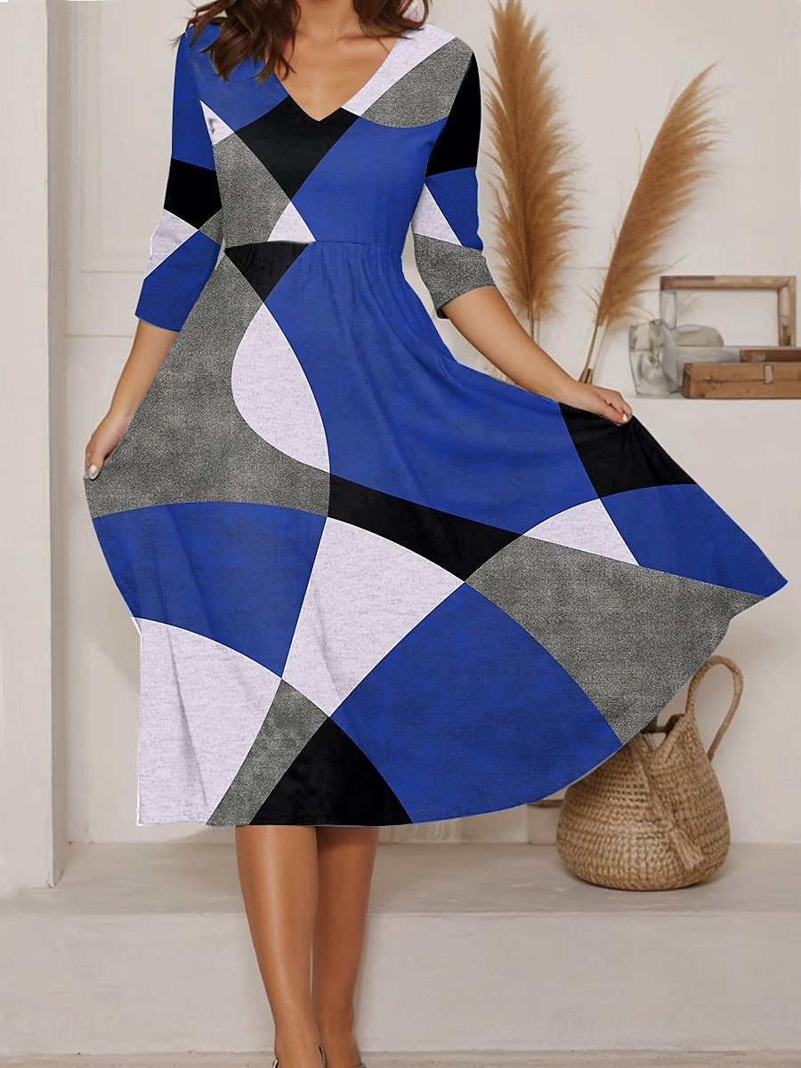Femmes Robe Midi Robe trapèze Vacances Occasionnel Sortir Coupe régulière Graphique Géométrique manche longue Col en V Rouge Bleu Violet Vert Été de 2025 ? $38.99 –P4