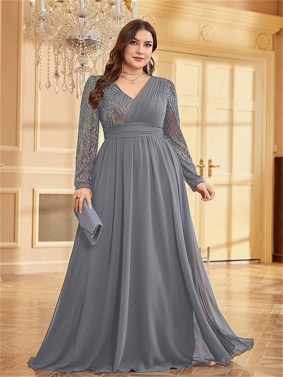 A-Line Plus Size Dresses Elegant Curve Dress Formal Wedding Floor Length Long Sleeve V Neck Chiffon with Sequin 2025 - $119.99 –P8