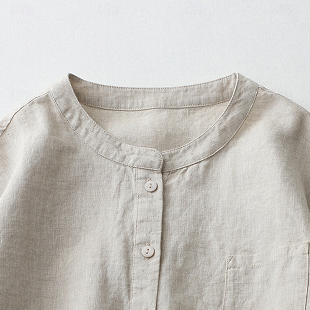 Chemisier Femme à Boutonnage Quotidien Rétro Vintage Décontracté à Manches 3/4 Col Ras du Cou Hauts de Travail Quotidiens Bleu Clair Vert Forêt Chanvre Blanc Été Printemps Automne de 2025 ? $27.99 –P2