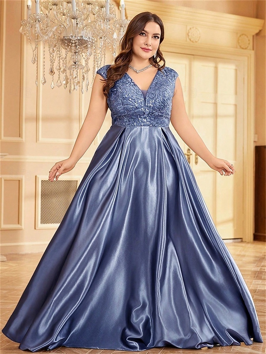 Robe A-Line Grande Taille Élégante Robe Courbe De Mariage Formelle Longue Au Sol Manches Courtes Col en V Satin Dos Nu Avec Plis 2025 de 2025 ? $119.99 –P26
