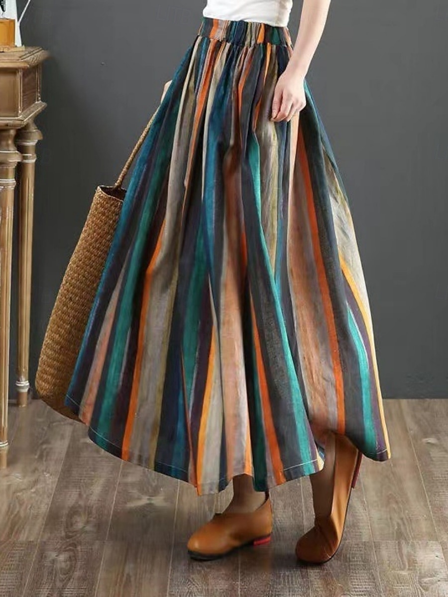 Pentru femei Fustă Linie A Modă Casual Maxi Talie Înaltă Fuste Dungi Buzunar Imprimeu Micro-elastic Stradă Zilnic Roșu-aprins Vară Poliester 2025 - $19.99 –P2